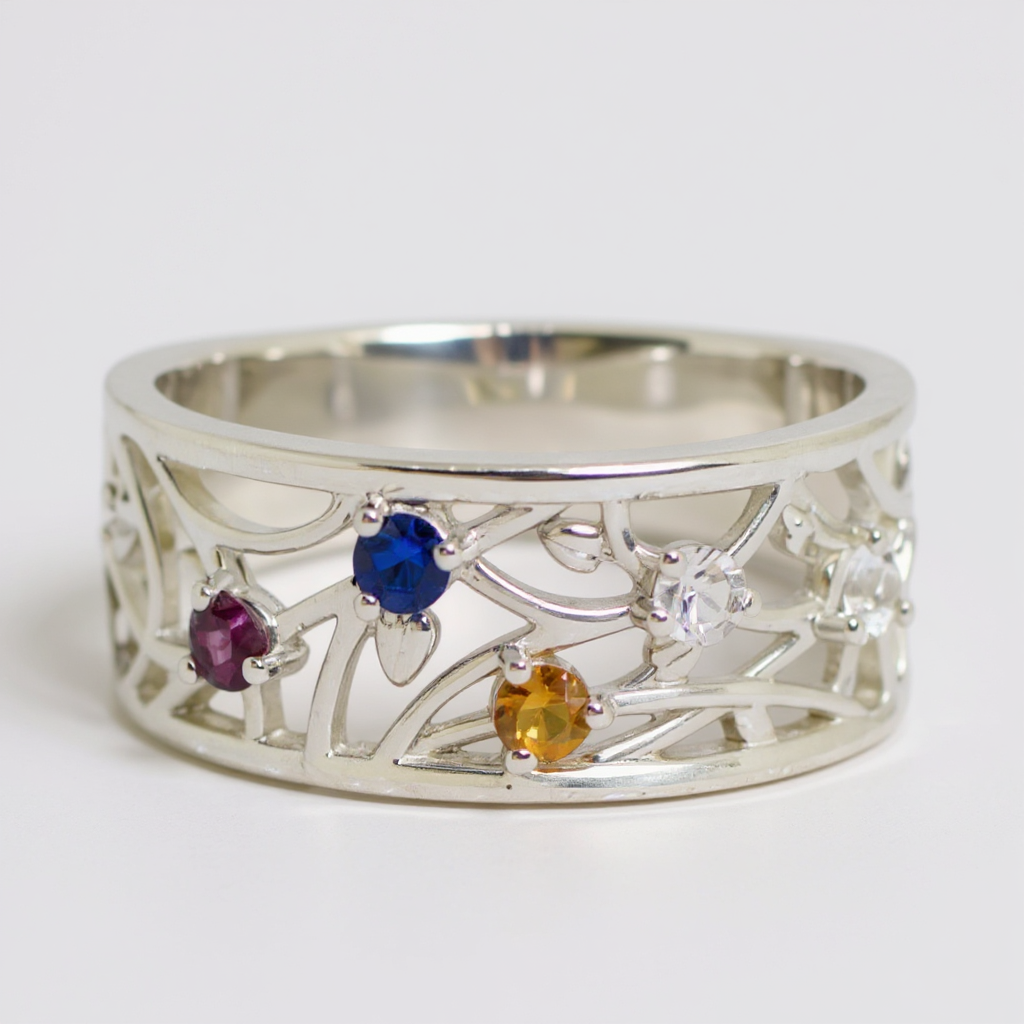 Floral Branch 9mm Wide Mother's Family Birthstone Ring- Sparkle & Jade-SparkleAndJade.com 