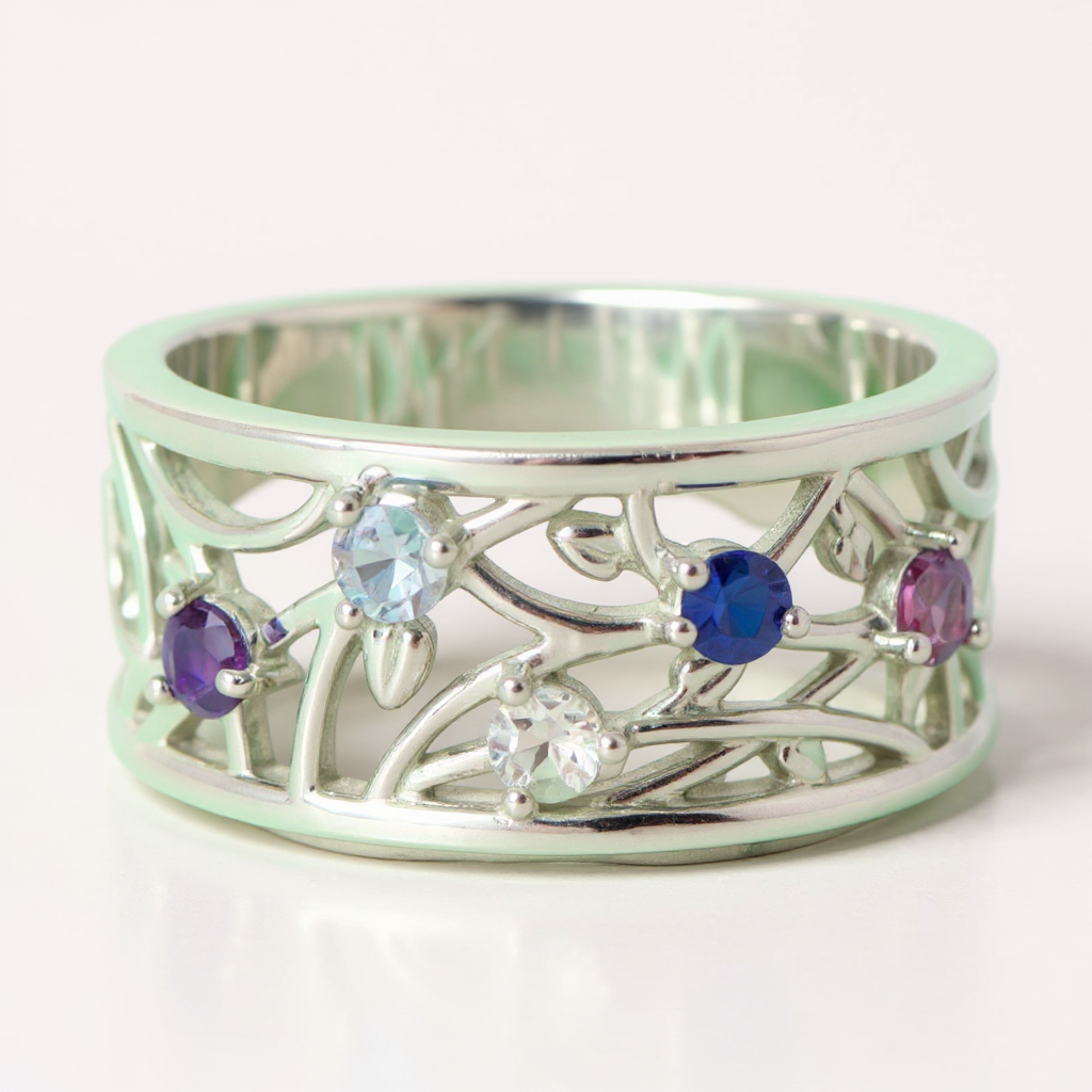 Floral Branch 9mm Wide Mother's Family Birthstone Ring- Sparkle & Jade-SparkleAndJade.com 