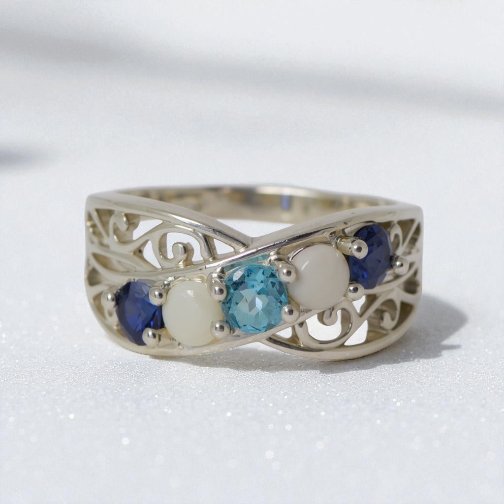 Filigree Lined 4mm Stone Mother's Family Birthstone Ring- Sparkle & Jade-SparkleAndJade.com 