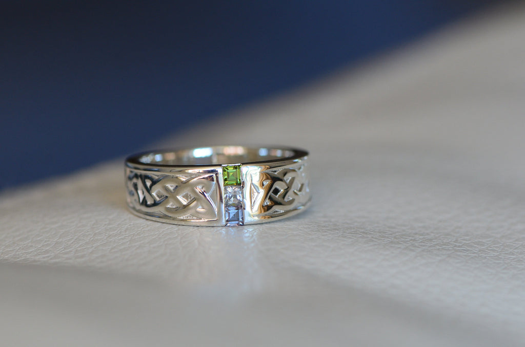 Men's Family Birthstone 3 Stone Channel Set Celtic Design Ring- Sparkle & Jade-SparkleAndJade.com 