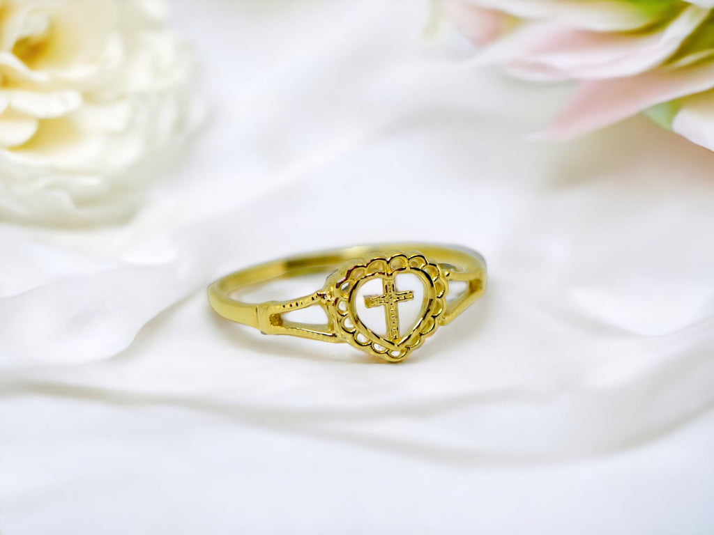 10k or 14k Yellow Gold Childs Heart With Cross Ring- Sparkle & Jade-SparkleAndJade.com 
