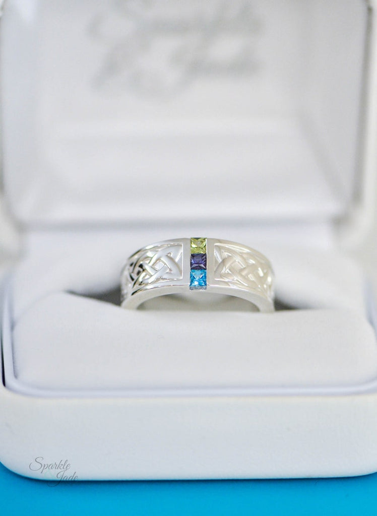 Men's Family Birthstone 3 Stone Channel Set Celtic Design Ring- Sparkle & Jade-SparkleAndJade.com 