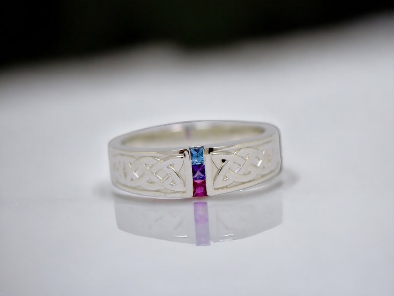 Men's Family Birthstone 3 Stone Channel Set Celtic Design Ring- Sparkle & Jade-SparkleAndJade.com 