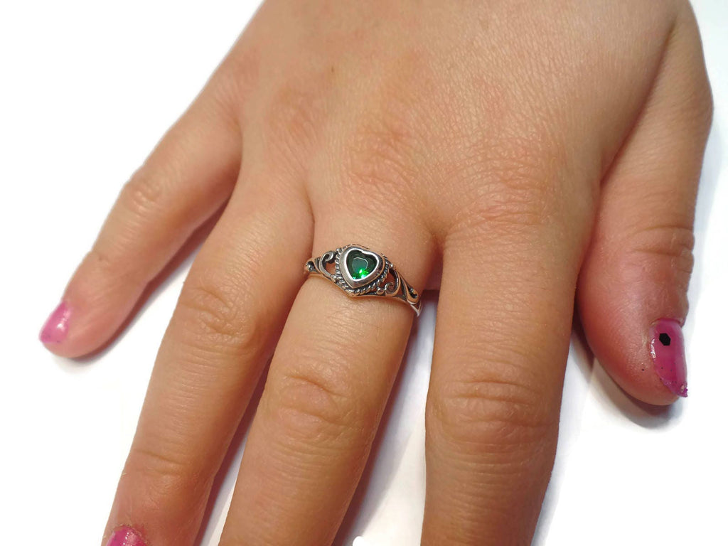 Sterling Silver Children's Birthstone CZ Heart Filigree Ring - Various Colors and Sizes Available- Sparkle & Jade-SparkleAndJade.com 