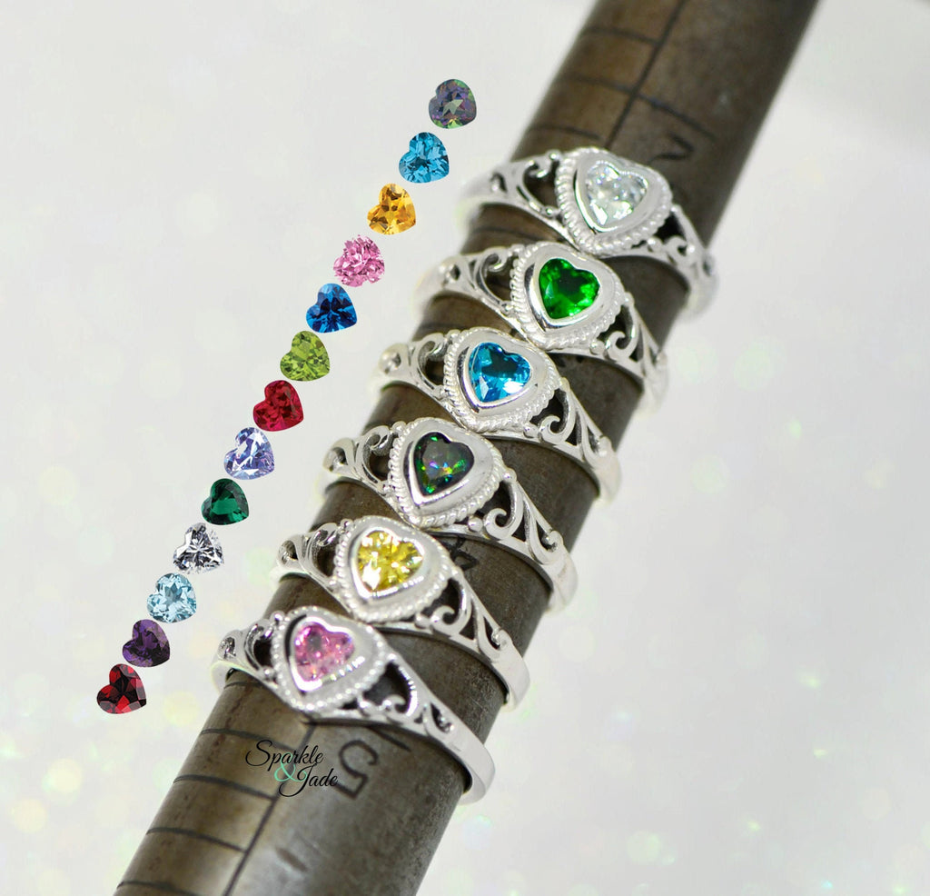 Sterling Silver Children's Birthstone CZ Heart Filigree Ring - Various Colors and Sizes Available- Sparkle & Jade-SparkleAndJade.com 