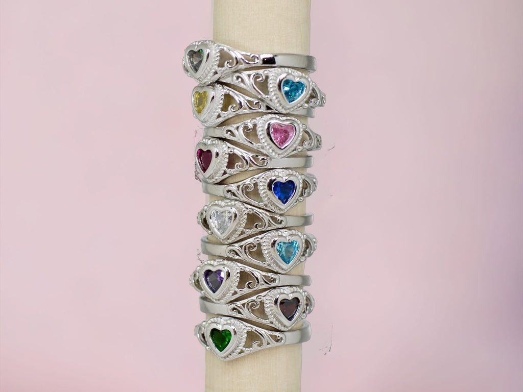 Sterling Silver Children's Birthstone CZ Heart Filigree Ring - Various Colors and Sizes Available- Sparkle & Jade-SparkleAndJade.com 