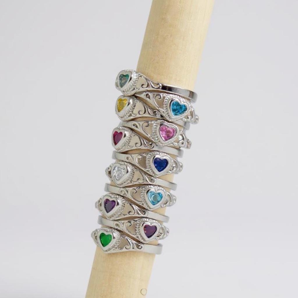 Sterling Silver Children's Birthstone CZ Heart Filigree Ring - Various Colors and Sizes Available- Sparkle & Jade-SparkleAndJade.com 