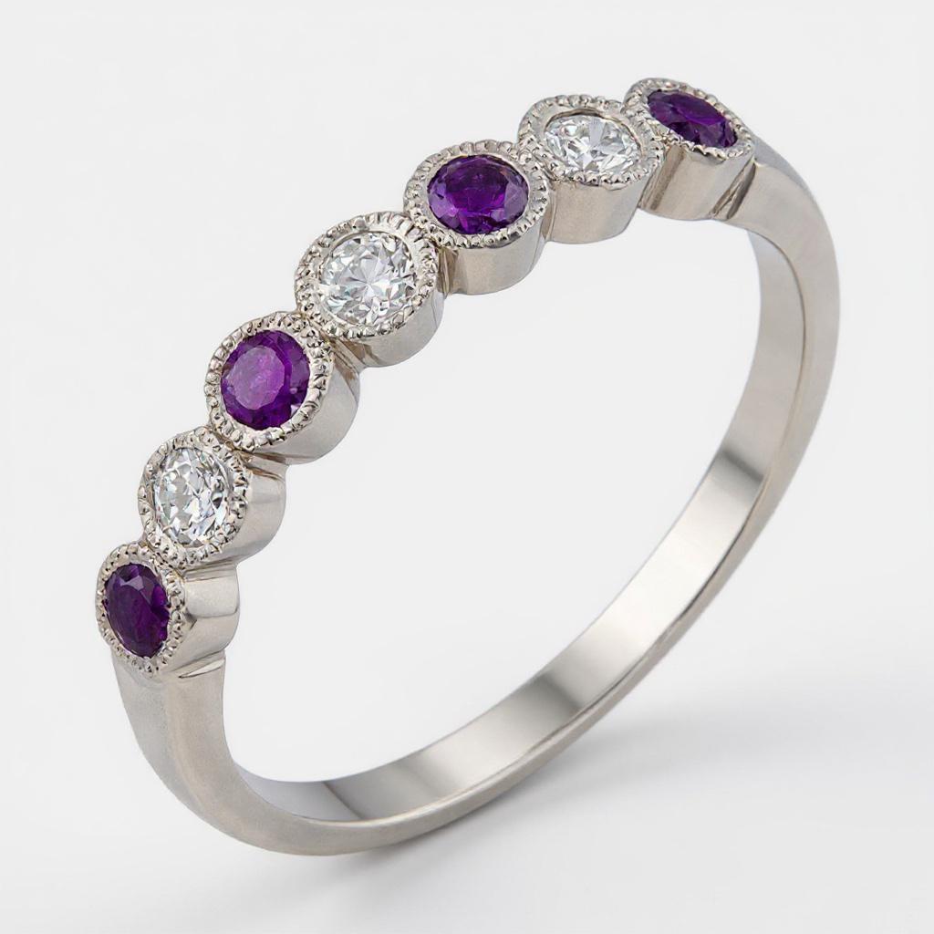 14k White Gold Amethyst & Diamond Wedding Anniversary Band R11737WB-AM- Sparkle & Jade-SparkleAndJade.com 