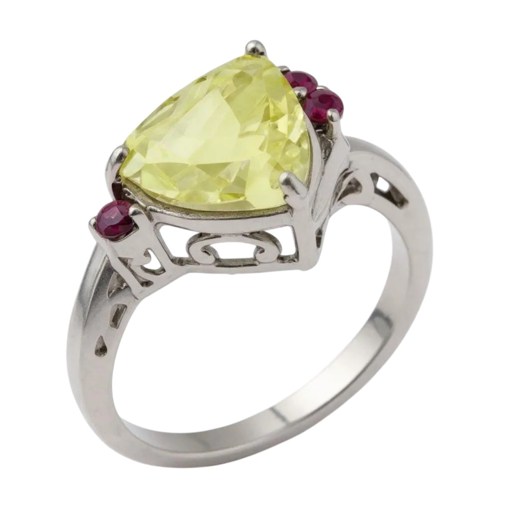 Sterling Silver Lemon Quartz Trillion And Rhodolite Garnet Ring- Sparkle & Jade-SparkleAndJade.com 