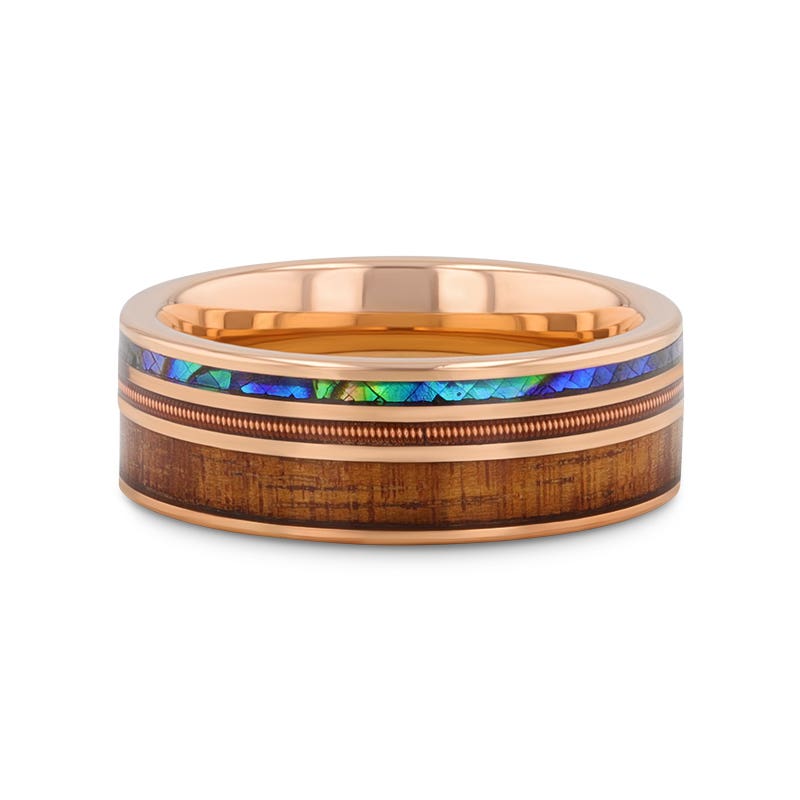 Smoked Rose Gold Tungsten Ring with Hawaiian Koa Wood Abalone & Guitar String - 8mm - Moana- Sparkle & Jade-SparkleAndJade.com 