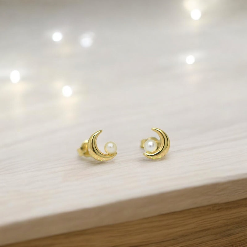 14K Gold Half Moon 2.5-3mm Freshwater Cultured Pearl Post Earrings- Sparkle & Jade-SparkleAndJade.com YE2054