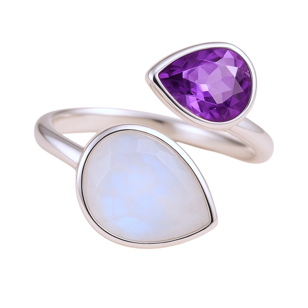 Sterling Silver Rainbow Moonstone and Amethyst Pear ByPass Ring