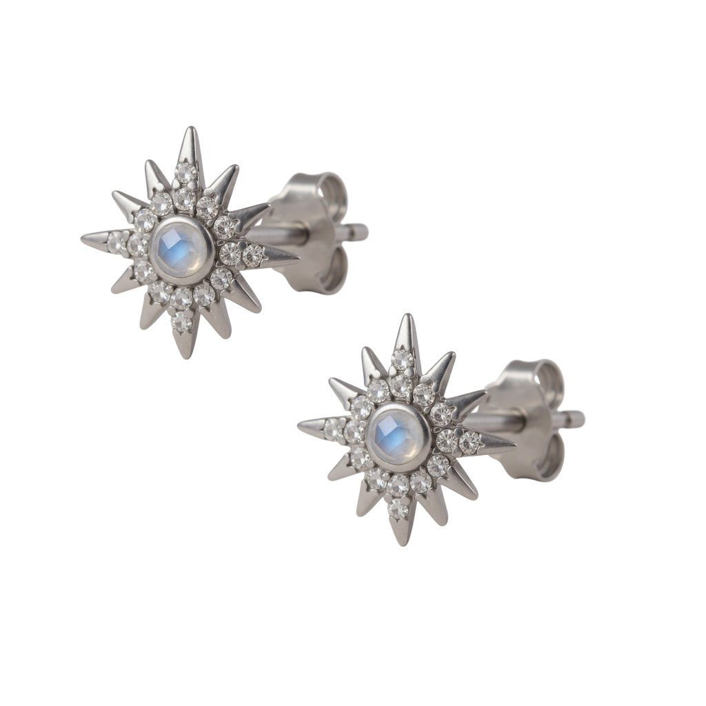Sterling Silver CZ Moonstone Star 10mm Earrings- Sparkle & Jade-SparkleAndJade.com 