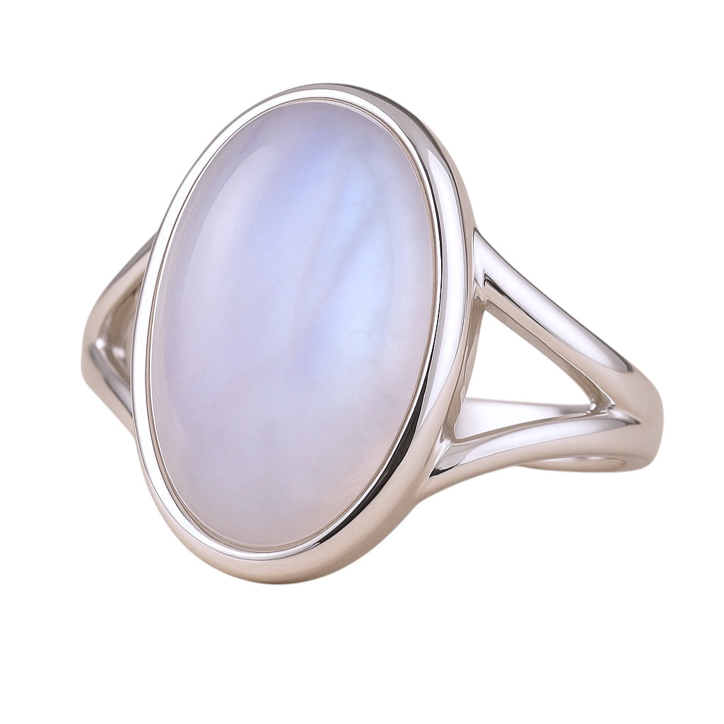 Sterling Silver Large Oval Rainbow Moonstone Ring