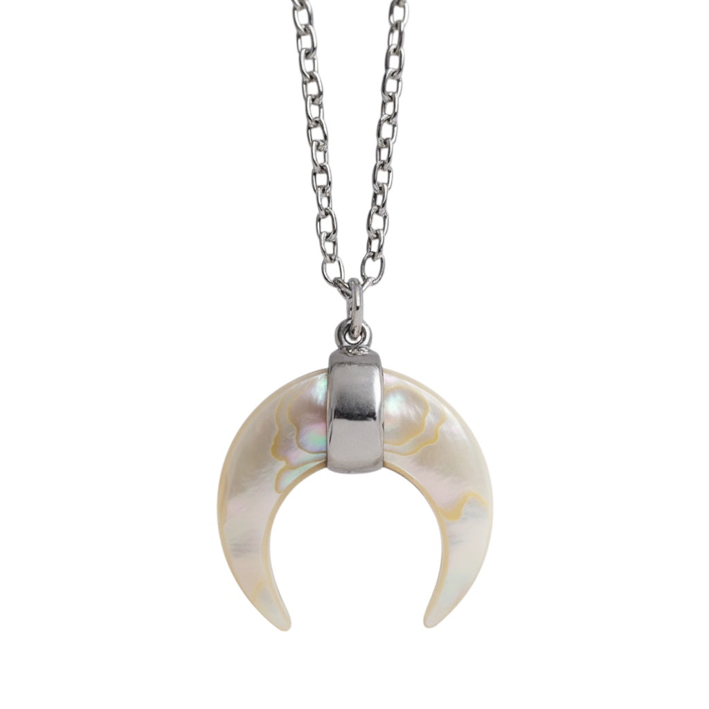 Sterling Silver Mother Of Pearl Crescent Moon Pendant Necklace- Sparkle & Jade-SparkleAndJade.com 