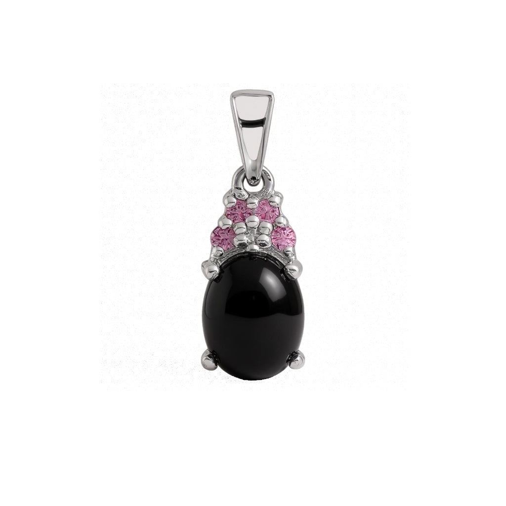 Sterling Silver Onyx, Created Pink Sapphire and Diamond Pendant- Sparkle & Jade-SparkleAndJade.com 