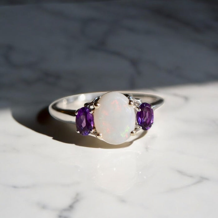 Sterling Silver & 14K Gold Genuine Opal & Amethyst Ring- Sparkle & Jade-SparkleAndJade.com 