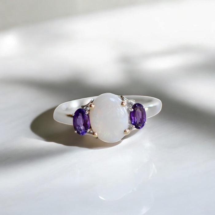 Sterling Silver & 14K Gold Genuine Opal & Amethyst Ring- Sparkle & Jade-SparkleAndJade.com 