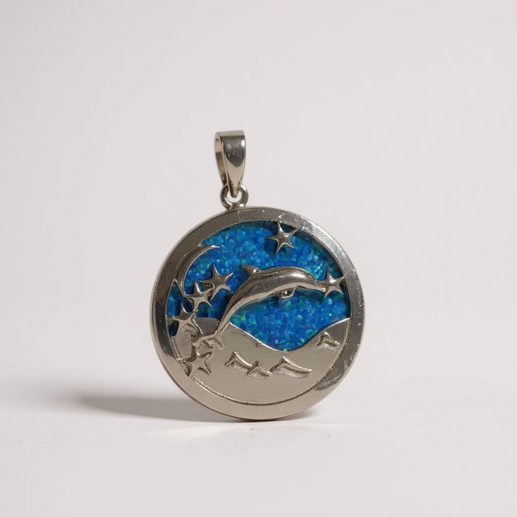 Sterling Silver Blue Inlay Created Opal Dolphins Pendant- Sparkle & Jade-SparkleAndJade.com 