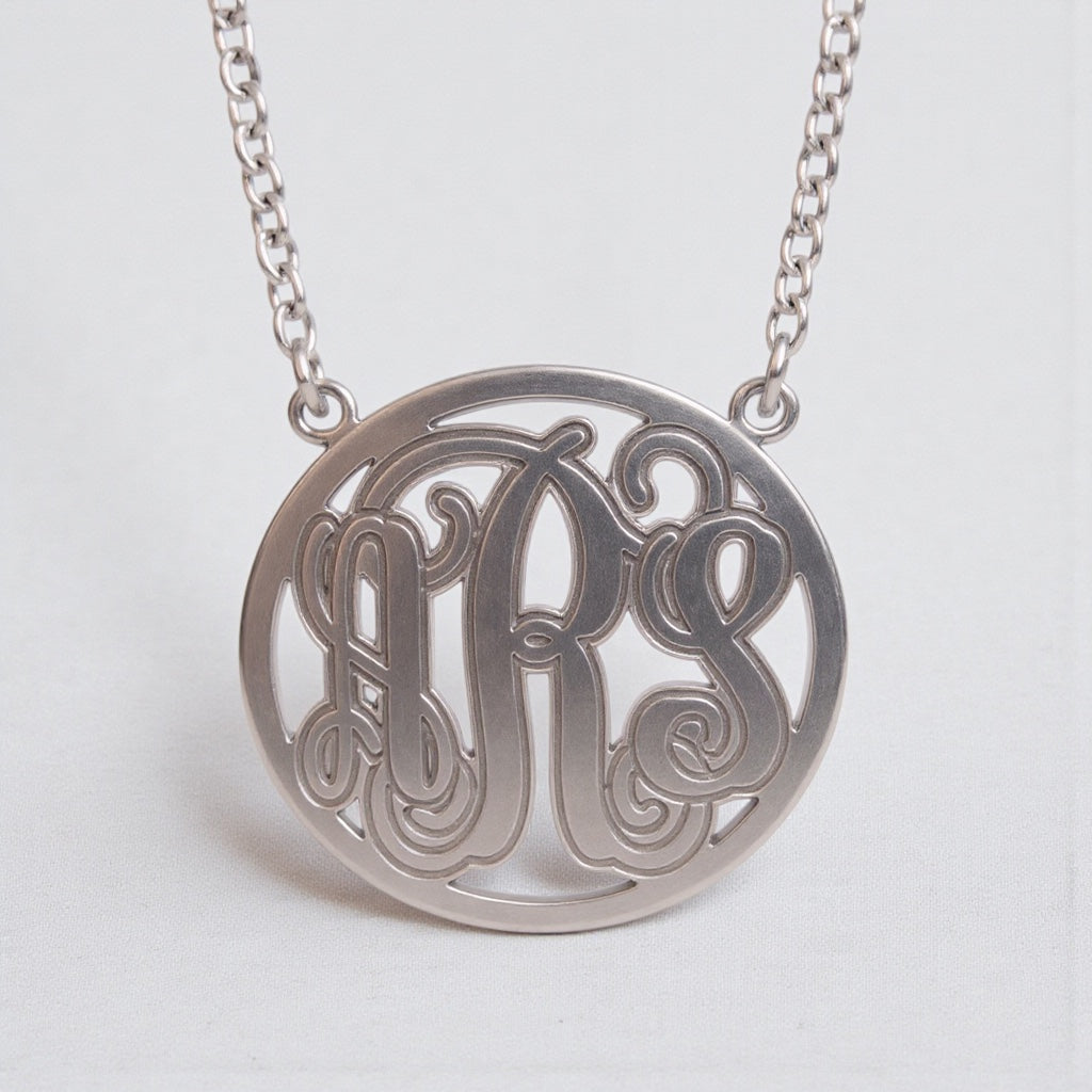 Sterling Silver Monogram with Etched Outline Station Pendant Necklace- Sparkle & Jade-SparkleAndJade.com 