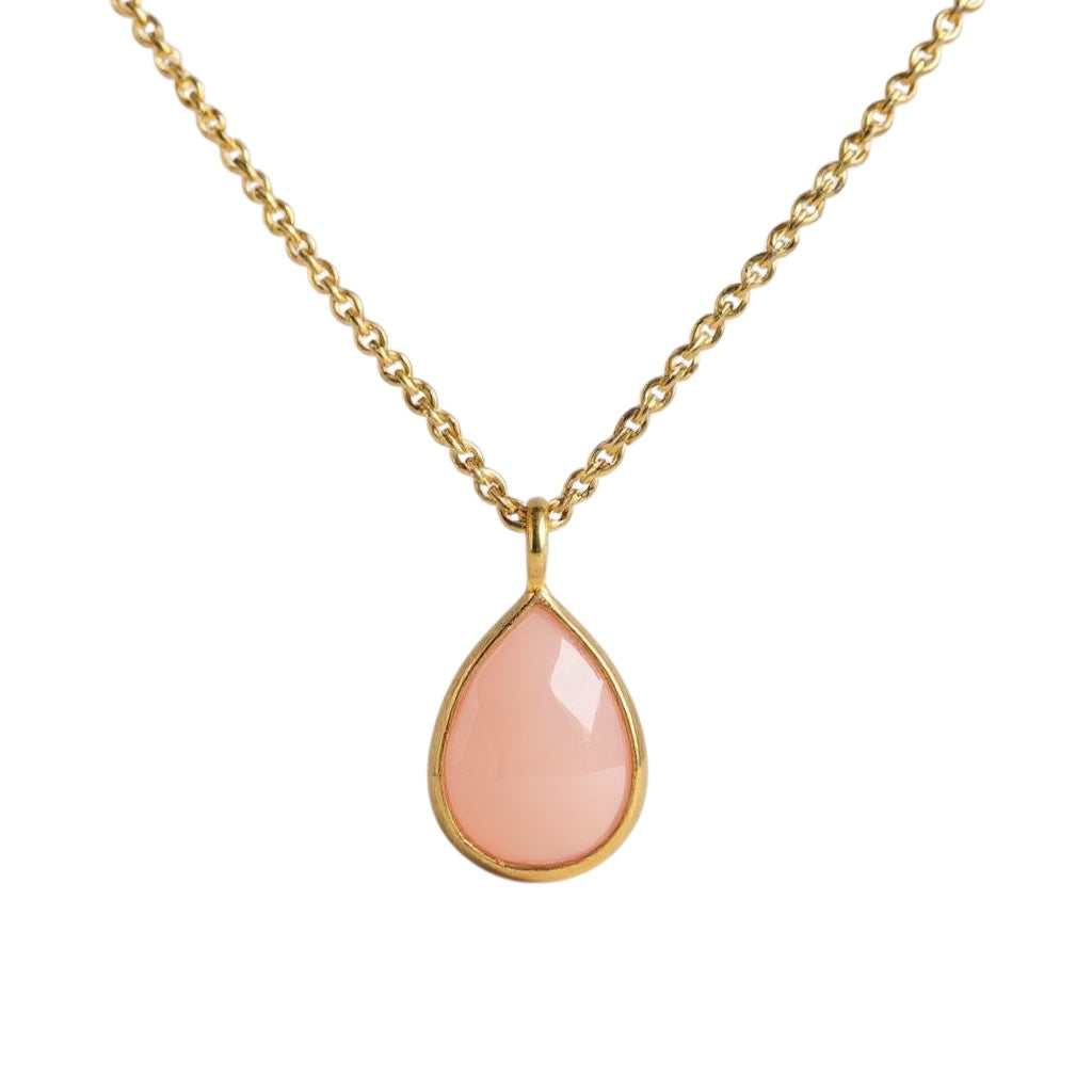 Gold Plated Sterling Silver Rose Pink Chalcedony Pear Teardrop 16" Necklace- Sparkle & Jade-SparkleAndJade.com 