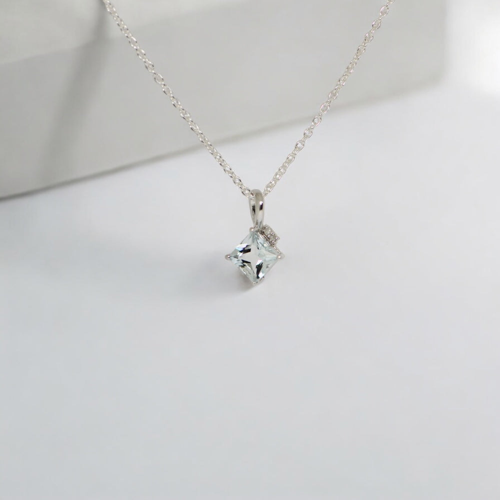 Sterling Silver Princess Square Gemstone & Diamond Pendant Necklaces- Sparkle & Jade-SparkleAndJade.com 