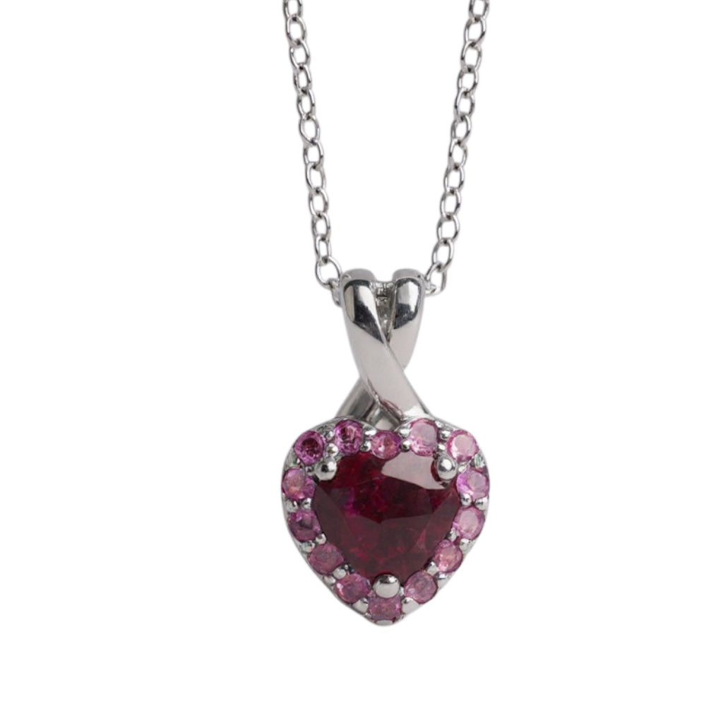 Sterling Silver Rhodolite Garnet Heart and Pink Sapphire Halo Pendant Necklace- Sparkle & Jade-SparkleAndJade.com 