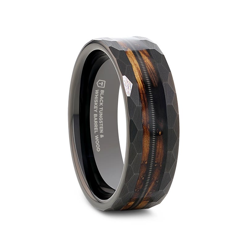 Black Tungsten Ring with Charred Whiskey Barrel and Guitar String - 8mm - Riff- Sparkle & Jade-SparkleAndJade.com 
