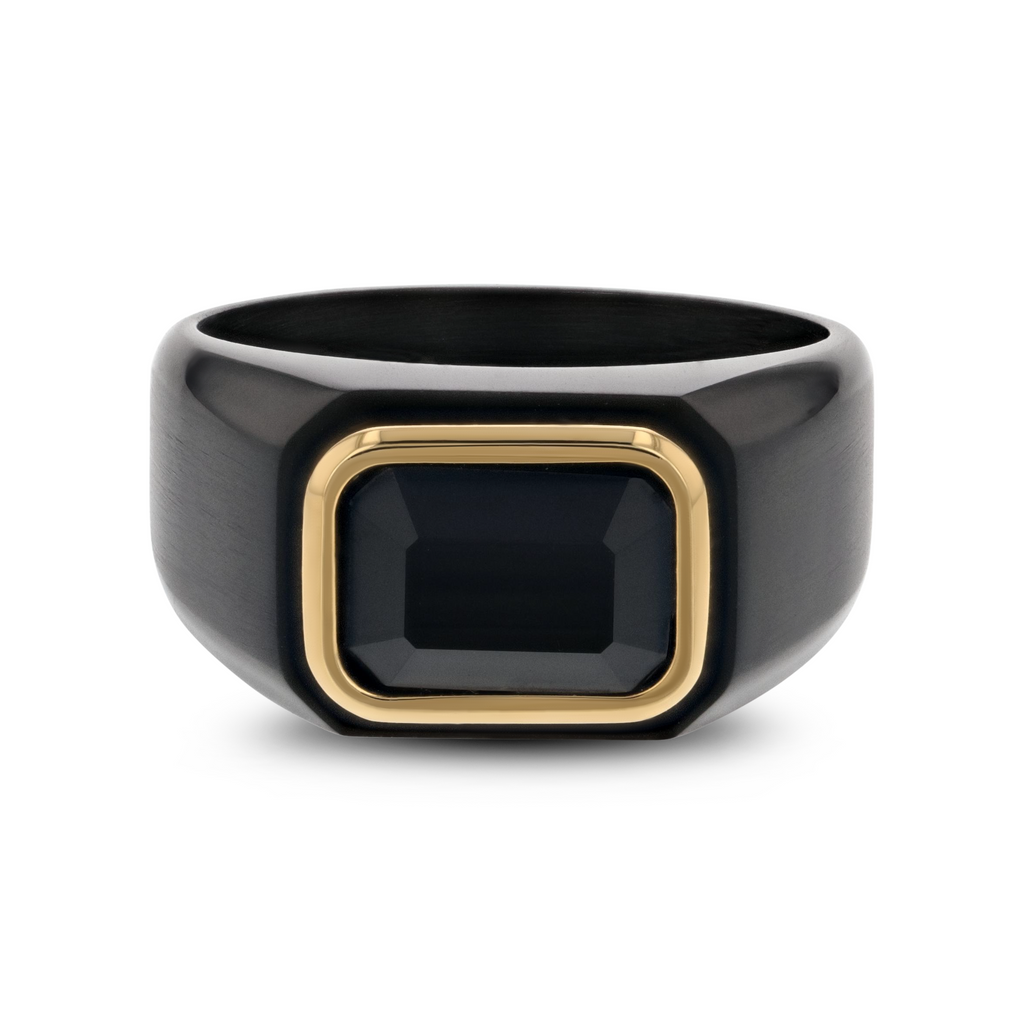 Thorsten SPARRO Black Titanium Signet Ring With Black Onyx Inlay Outlined in Gold Plating- Sparkle & Jade-SparkleAndJade.com 