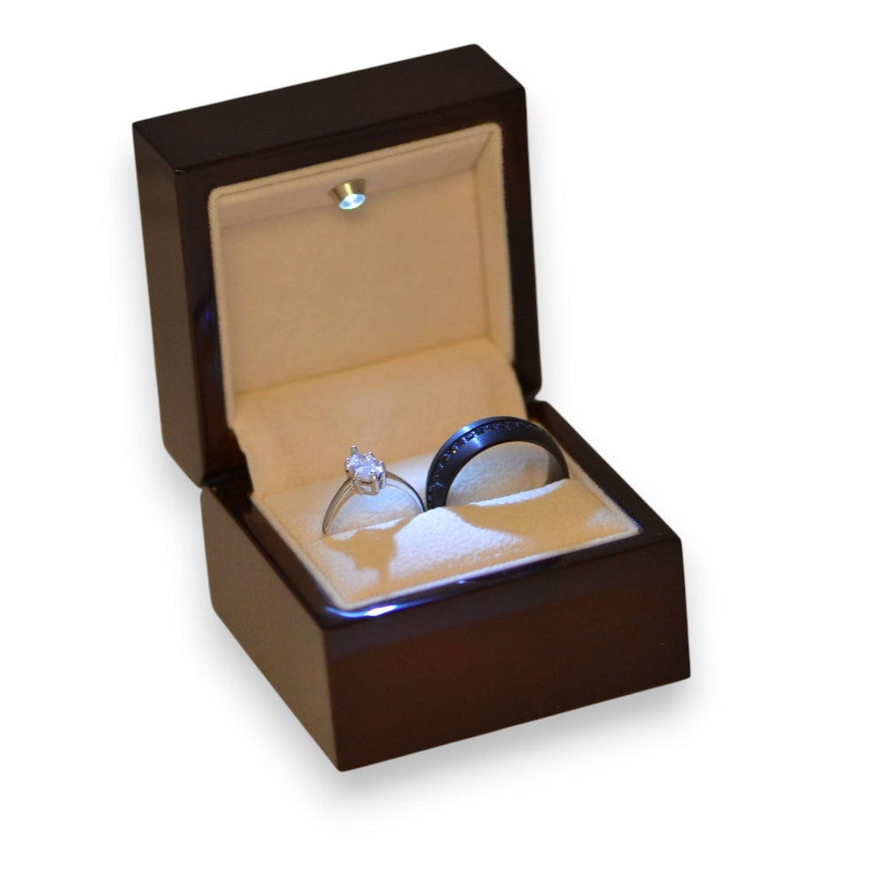 Light up Engravable Chocolate Dark Wood Wedding Ring Box- Sparkle & Jade-SparkleAndJade.com 