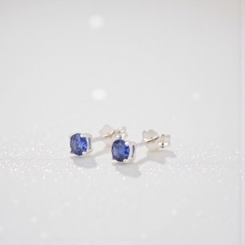Sterling Silver 4mm Round CZ Simulated Blue Sapphire Stud Earrings- Sparkle & Jade-SparkleAndJade.com 