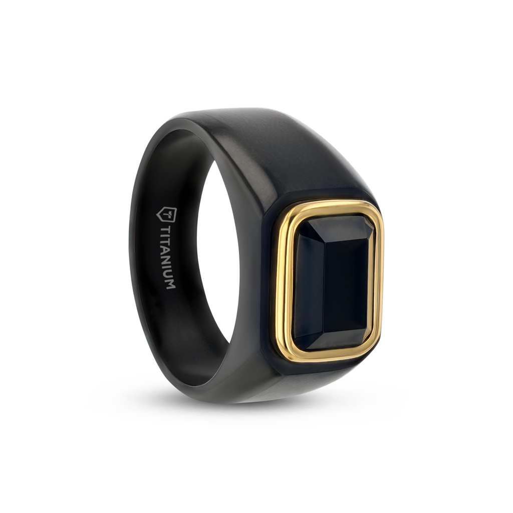 Thorsten SPARRO Black Titanium Signet Ring With Black Onyx Inlay Outlined in Gold Plating- Sparkle & Jade-SparkleAndJade.com 
