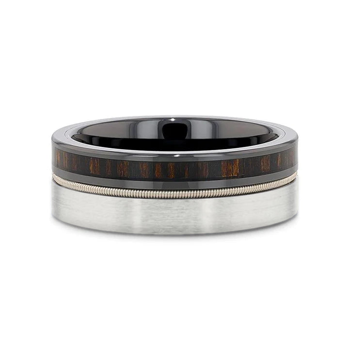 SLATE Tungsten & Black Ceramic Hybrid Ring with Steel Guitar String Ebony Wood and a Black Ceramic Interior - 8mm- Sparkle & Jade-SparkleAndJade.com 