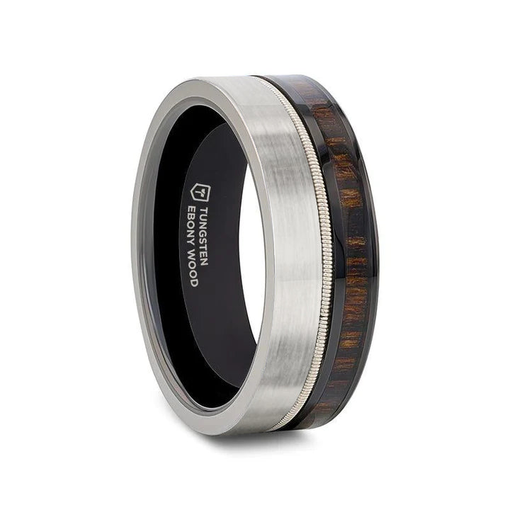 SLATE Tungsten & Black Ceramic Hybrid Ring with Steel Guitar String Ebony Wood and a Black Ceramic Interior - 8mm- Sparkle & Jade-SparkleAndJade.com 