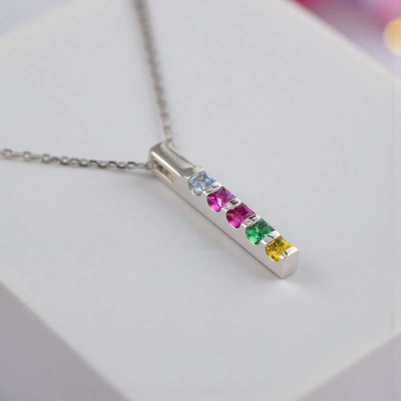 Vertical Bar Family Channel Set Square Birthstone Pendant or Necklace- Sparkle & Jade-SparkleAndJade.com 