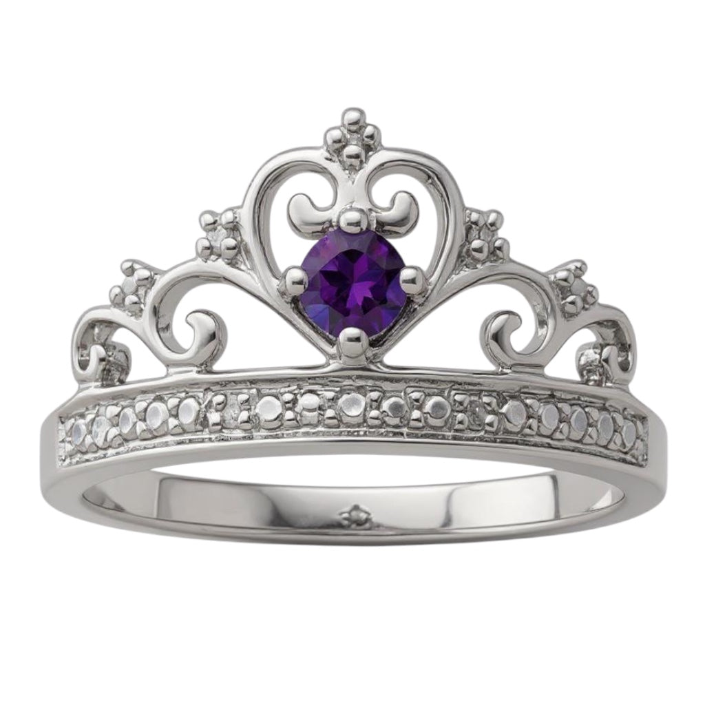 Sterling Silver Amethyst Diamond Princess Crown Ring