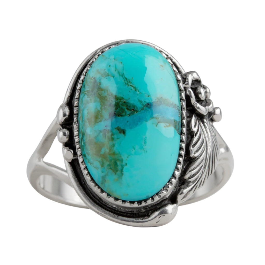 Sterling Silver Oval Turquoise Floral Design Ring- Sparkle & Jade-SparkleAndJade.com 
