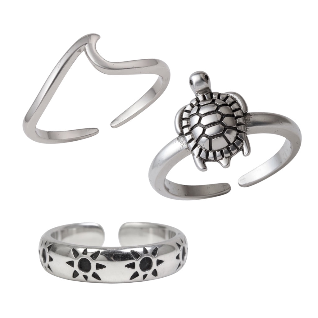 Sterling Silver Sun, Wave and Sea Turtle Toe Ring Set of 3- Sparkle & Jade-SparkleAndJade.com 