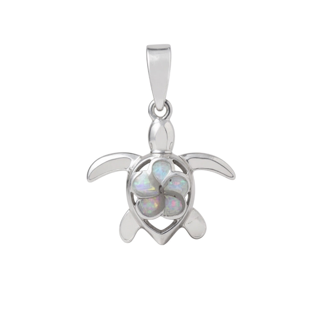 Sterling Silver White Opal Plumeria Flower Turtle Pendant- Sparkle & Jade-SparkleAndJade.com 