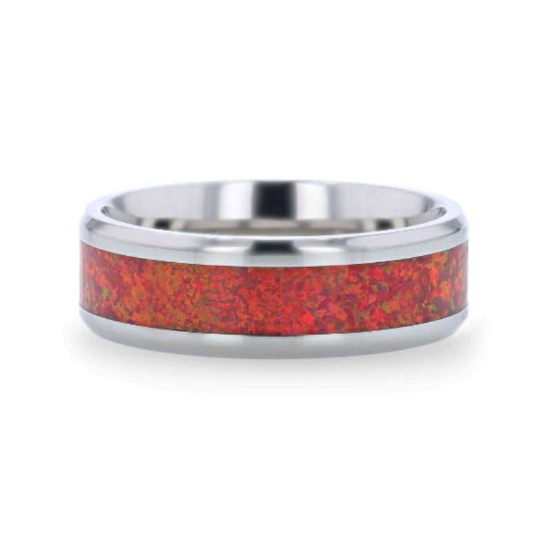 Titanium Ring With Beveled Edges And Red Opal Inlay - 8mm - Cassiopeia- Sparkle & Jade-SparkleAndJade.com 