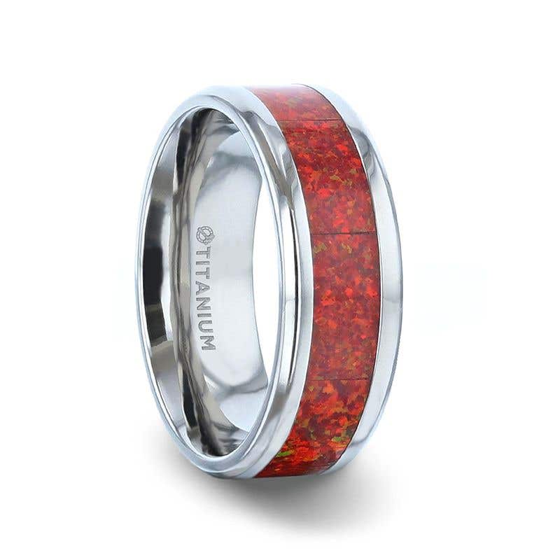 Titanium Ring With Beveled Edges And Red Opal Inlay - 8mm - Cassiopeia- Sparkle & Jade-SparkleAndJade.com 