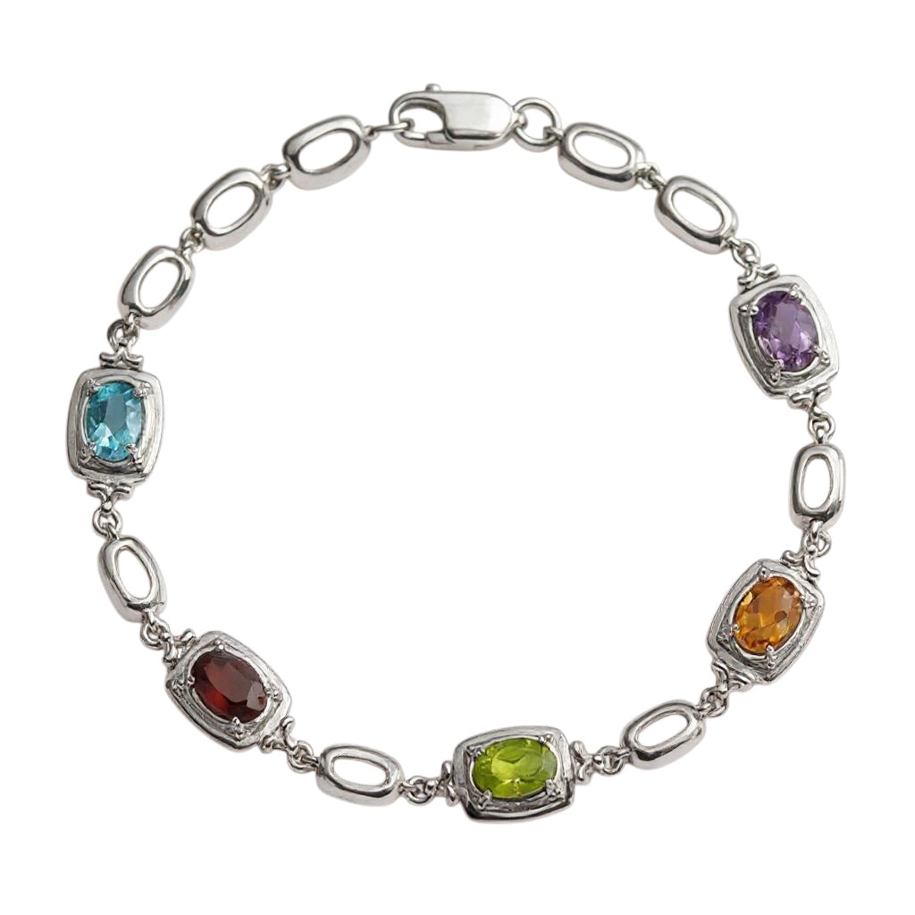 Sterling Silver Multi Rainbow Genuine Gemstone Link Bracelet- Sparkle & Jade-SparkleAndJade.com 