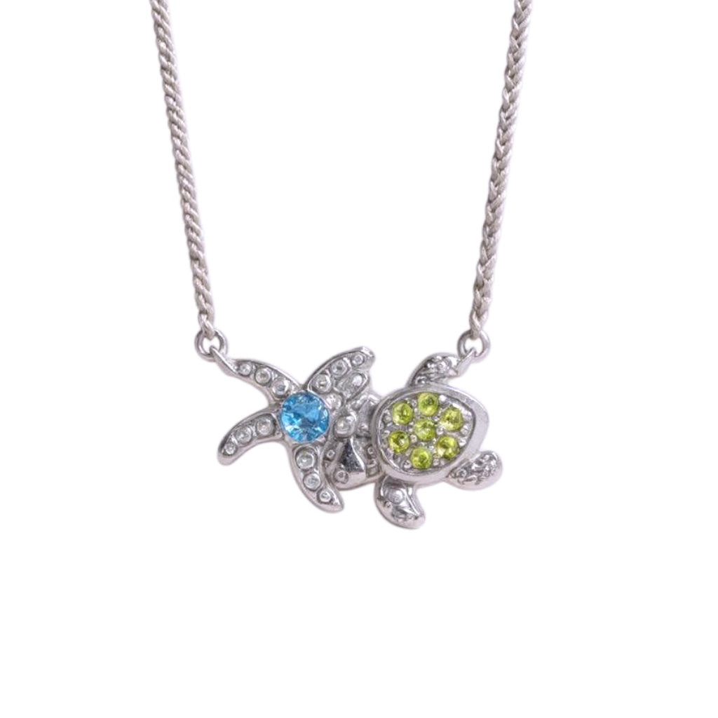 Sterling Silver Genuine Peridot and Light Swiss Blue Topaz Turtle Starfish Necklace- Sparkle & Jade-SparkleAndJade.com 