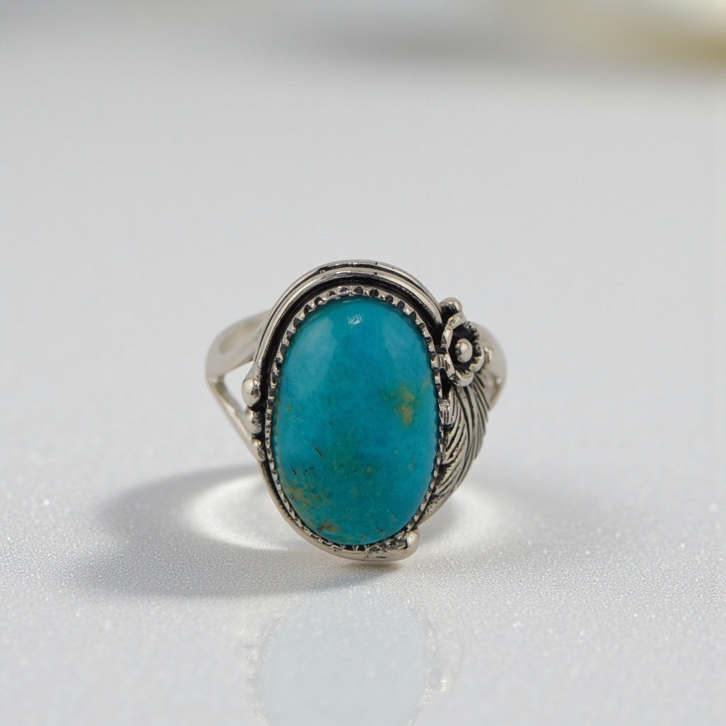 Sterling Silver Oval Turquoise Floral Design Ring- Sparkle & Jade-SparkleAndJade.com 