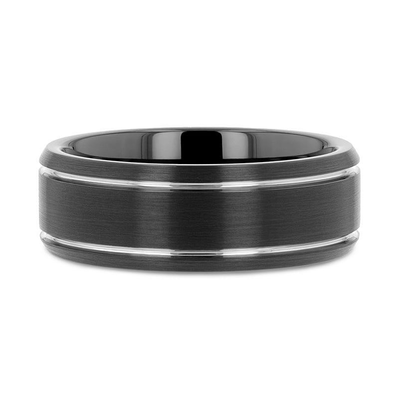 Thorsten NOCTURNE Black Beveled Tungsten Carbide Band with Polished Grooves and Brushed Finish - 6mm or 8mm- Sparkle & Jade-SparkleAndJade.com 