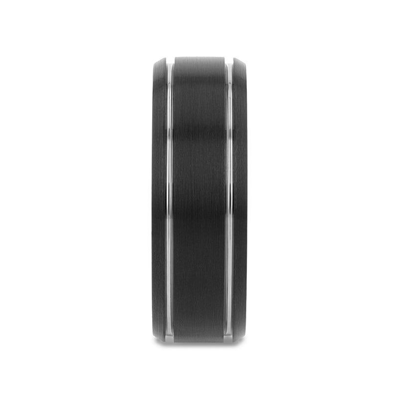 Thorsten NOCTURNE Black Beveled Tungsten Carbide Band with Polished Grooves and Brushed Finish - 6mm or 8mm- Sparkle & Jade-SparkleAndJade.com 