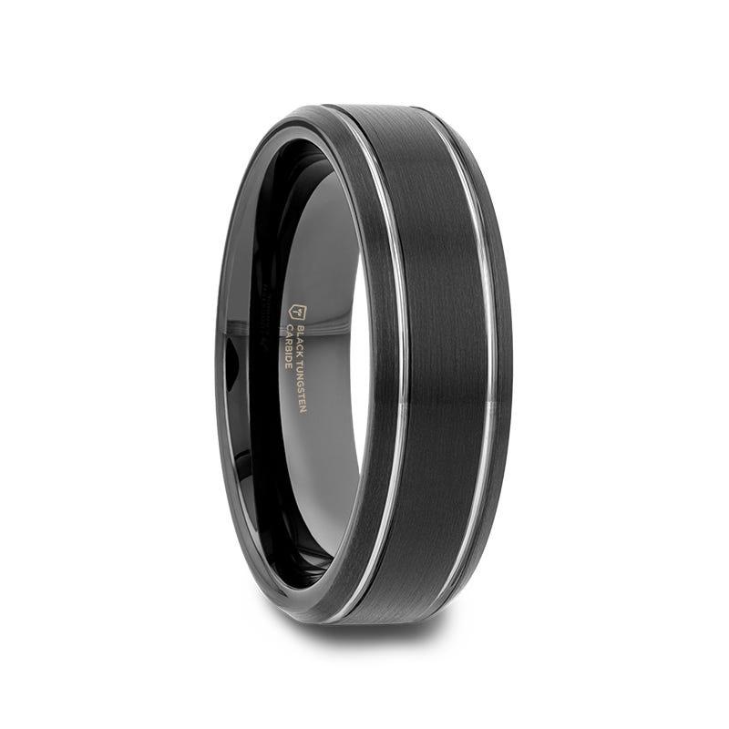 Thorsten NOCTURNE Black Beveled Tungsten Carbide Band with Polished Grooves and Brushed Finish - 6mm or 8mm- Sparkle & Jade-SparkleAndJade.com W334-BBPG-6mm-5