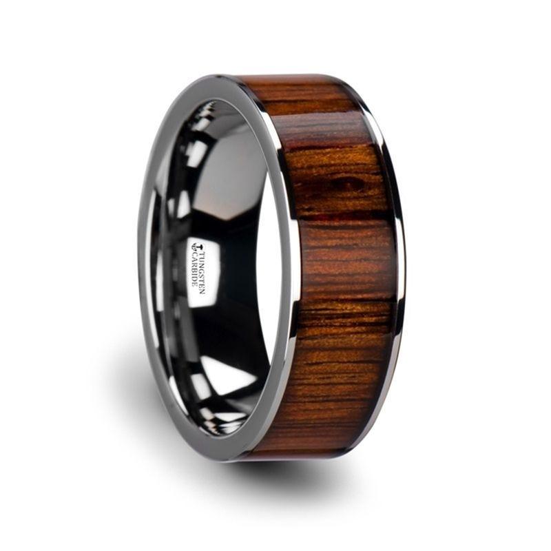 Thorsten KALANI Flat Tungsten Carbide Wedding Band with Rare Koa Wood Inlay and Polished Edges - 6mm - 10mm- Sparkle & Jade-SparkleAndJade.com 