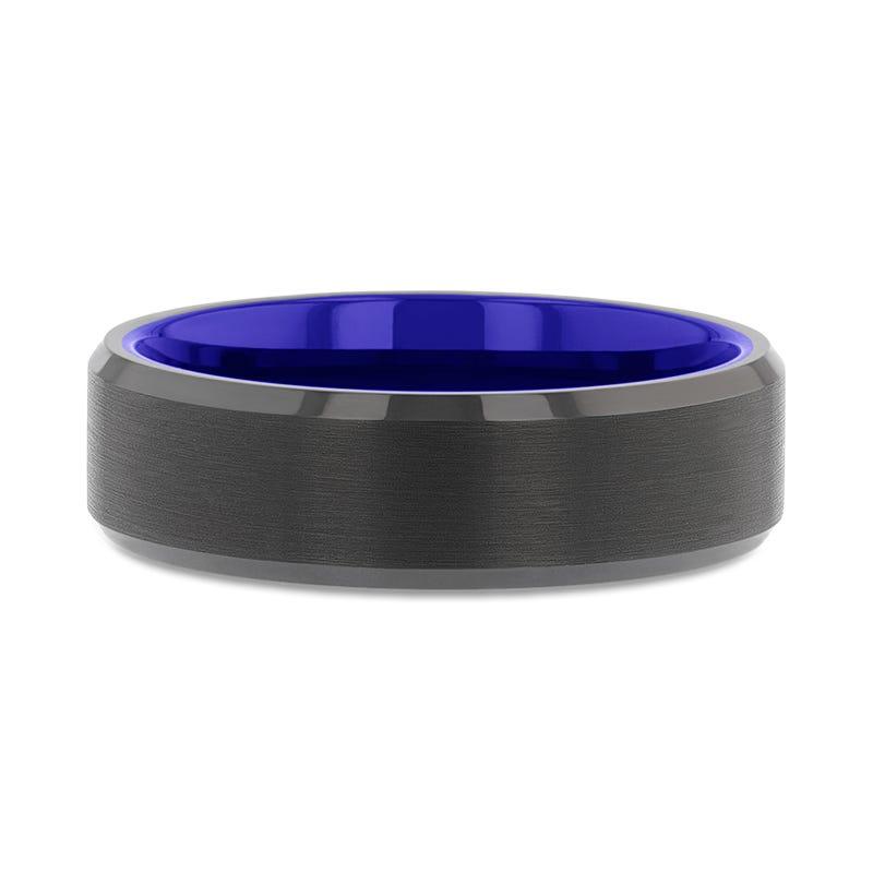 Thorsten RIGEL Flat Beveled Edges Black Tungsten Ring with Brushed Center and Vibrant Blue Ceramic Inside - 6mm & 8mm- Sparkle & Jade-SparkleAndJade.com 