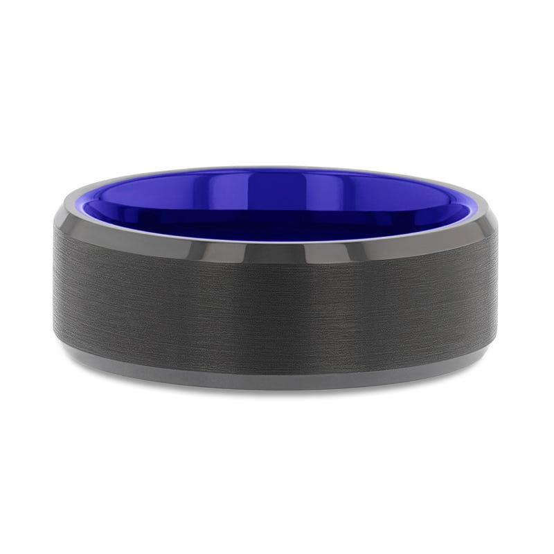 Thorsten RIGEL Flat Beveled Edges Black Tungsten Ring with Brushed Center and Vibrant Blue Ceramic Inside - 6mm & 8mm- Sparkle & Jade-SparkleAndJade.com 